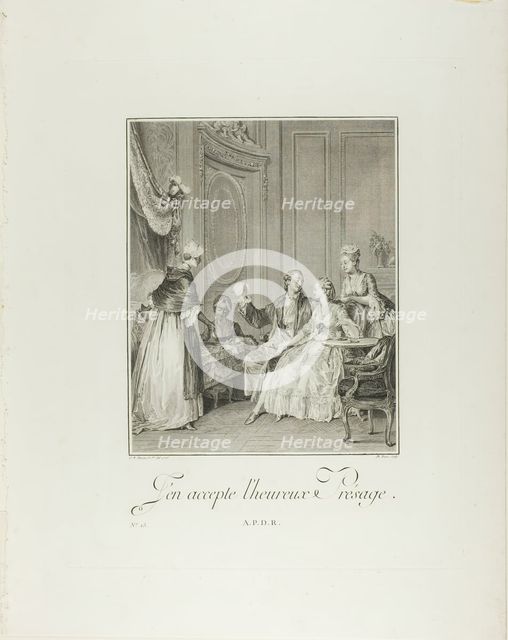 I Accept the Happy Omen, from Monument du Costume Physique et Moral de la fin du Dix-huiti..., 1776. Creator: Philippe Triere.