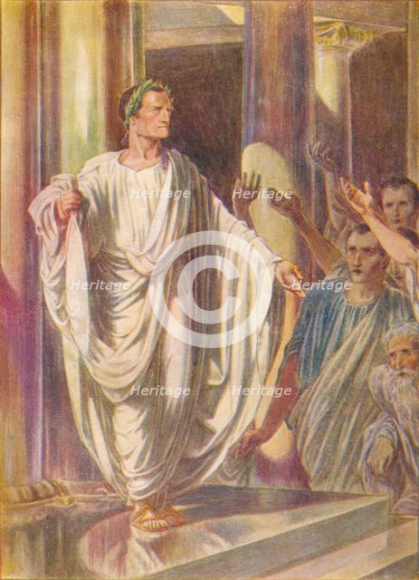 'I carry here peace and war: choose, men of Carthage, which ye will', c1912 (1912). Artist: Ernest Dudley Heath.