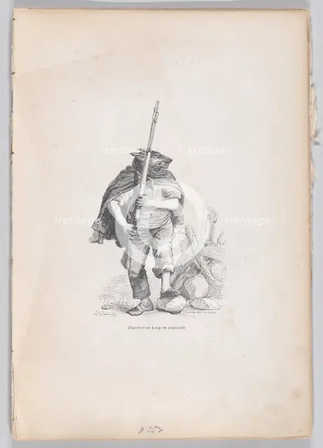 I saw a wolf standing guard from Scenes from the Private and Public Life of Animals..., ca. 1837-47. Creator: Andrew Best Leloir.
