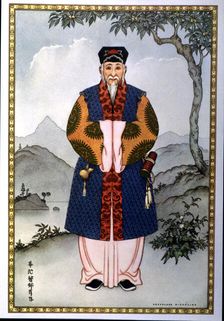 Image of a Chinese doctor of the early dynasties, carrying instruments to practice acupuncture