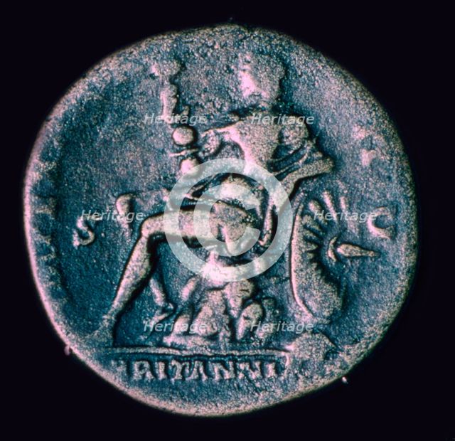 Image of Britannia on the reverse of a Roman coin. Artist: Unknown