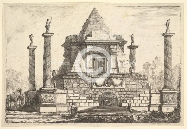Imaginary Architecture with Camel and Figures, after Della Bella, 18th century. Creator: Pierre Moreau.