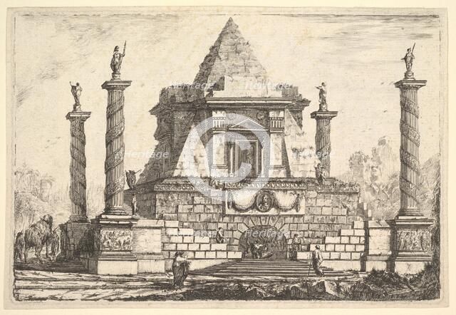 Imaginary Architecture with Camel and Figures, after Della Bella, 18th century. Creator: Pierre Moreau.