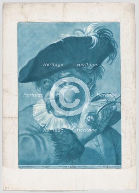 Imaginary portrait head of a man in a feathered hat; from the series of 22 imaginar..., ca. 1730-50. Creator: Johann Lorenz Haid.