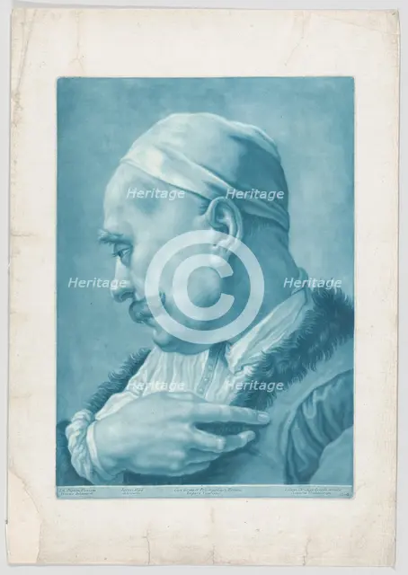 Imaginary portrait head of a man wearing a cap and fur-trimmed coat; from the serie..., ca. 1730-50. Creator: Johann Lorenz Haid.