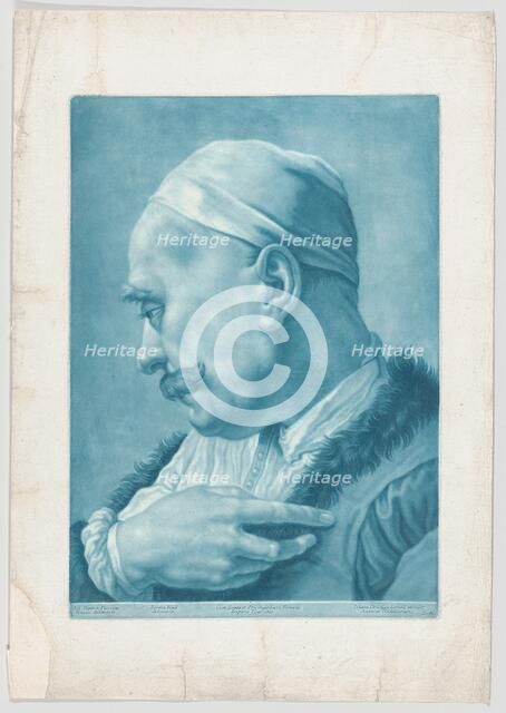 Imaginary portrait head of a man wearing a cap and fur-trimmed coat; from the serie..., ca. 1730-50. Creator: Johann Lorenz Haid.