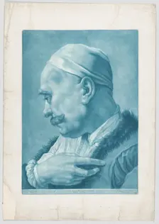 Imaginary portrait head of a man wearing a cap and fur-trimmed coat; from the serie..., ca. 1730-50. Creator: Johann Lorenz Haid