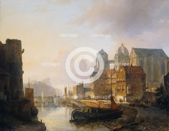 Imaginary View of a Riverside Town with Aachen Cathedral, 1846. Creator: Kasparus Karsen.
