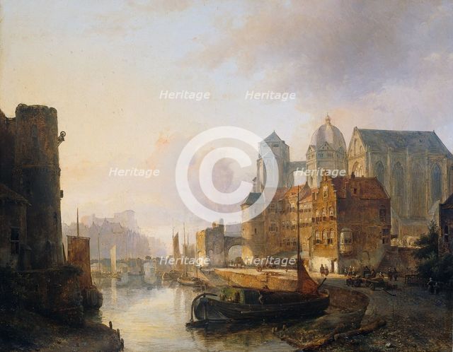 Imaginary View of a Riverside Town with Aachen Cathedral, 1846. Creator: Kasparus Karsen.