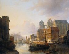 Imaginary View of a Riverside Town with Aachen Cathedral, 1846. Creator: Kasparus Karsen