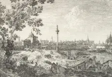 Imaginary View of Padua, with a campanile and domed church at left, a column surmounted..., 1735-46. Creator: Canaletto