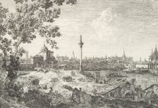 Imaginary View of Padua, with a campanile and domed church at left, a column surmounted..., 1735-46. Creator: Canaletto