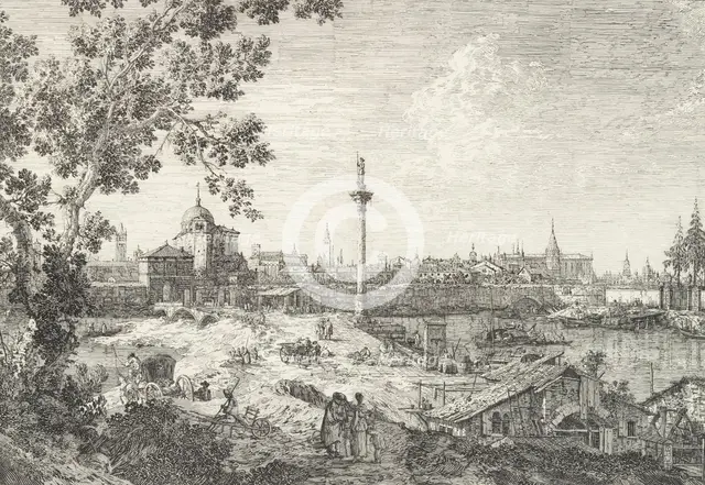 Imaginary View of Padua, with a campanile and domed church at left, a column surmounted..., 1735-46. Creator: Canaletto.