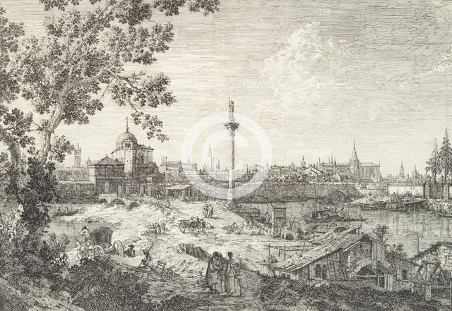 Imaginary View of Padua, with a campanile and domed church at left, a column surmounted..., 1735-46. Creator: Canaletto.