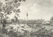 Imaginary View of Padua, with a campanile and domed church at left, a column surmounted..., 1735-46. Creator: Canaletto