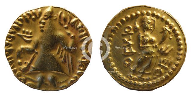 Imitation of a Kushan coin from Samatata. King Kanishka (obverse), Goddess standin..., 2nd-3rd cent. Creator: Numismatic; Oriental coins ().