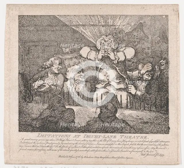 Imitations at Drury-Lane Theatre (Picturesque Beauties of Boswell, Part the Secon..., June 20, 1786. Creator: Thomas Rowlandson.