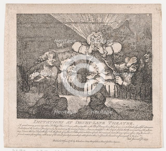 Imitations at Drury-Lane Theatre (Picturesque Beauties of Boswell, Part the Secon..., June 20, 1786. Creator: Thomas Rowlandson.