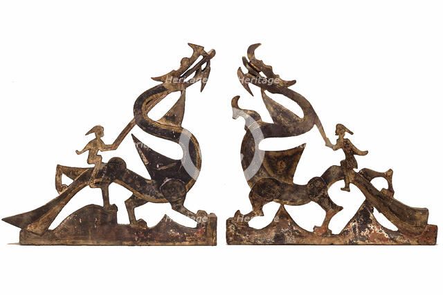 Immortals Riding Dragons: Sections of a Tomb Pediment, Han dynasty, 1st century B.C./A.D. Creator: Unknown.
