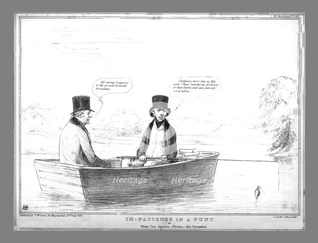 'Im:Patience in a Punt. or Otium Cum dignitate - Versus - the Coronation', 1838. Creator: John Doyle.
