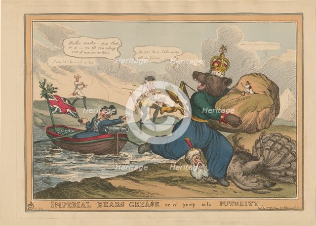 Imperial Bears Grease (Greece) or a peep into futurity. Caricature on the Russo-Turkish War, 1828. Creator: Heath, William (1795-1840).