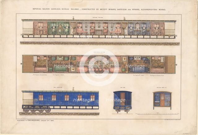 Imperial saloon carriage, Nikolayevsky railway, 1868. Artist: Anonymous  