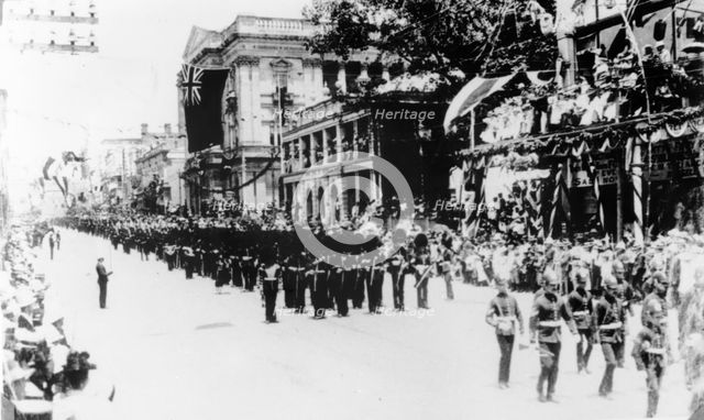 Imperial troops marching down Queen Street, Brisbane, Queensland, 1901. Creator: Unknown.