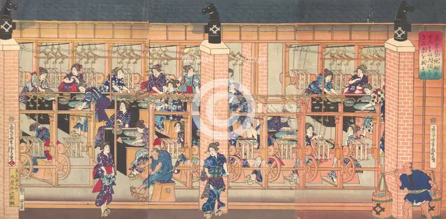 Imported Silk Reeling Machine at Tsukiji in Tokyo, 4th month, 1872. Creator: Utagawa Yoshitora.