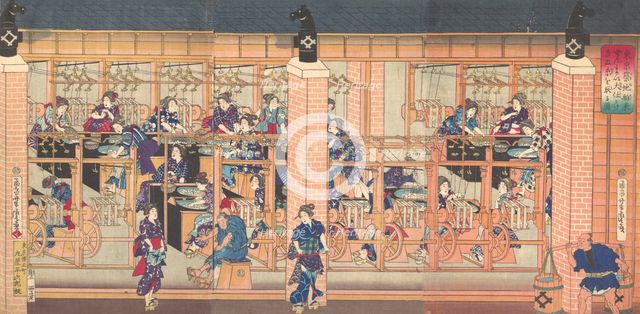Imported Silk Reeling Machine at Tsukiji in Tokyo, 4th month, 1872. Creator: Utagawa Yoshitora.