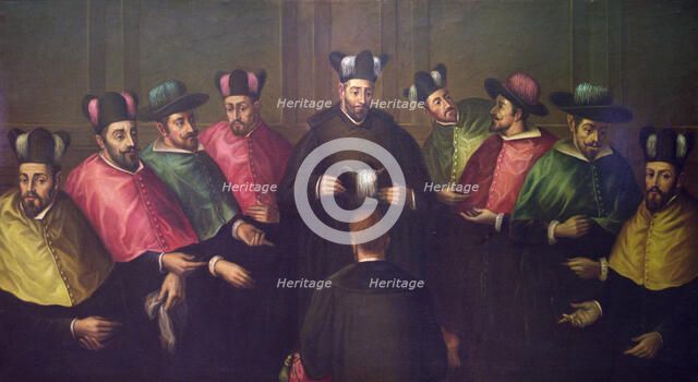 Imposition of the doctoral mortarboard, original copy of the 17th century.