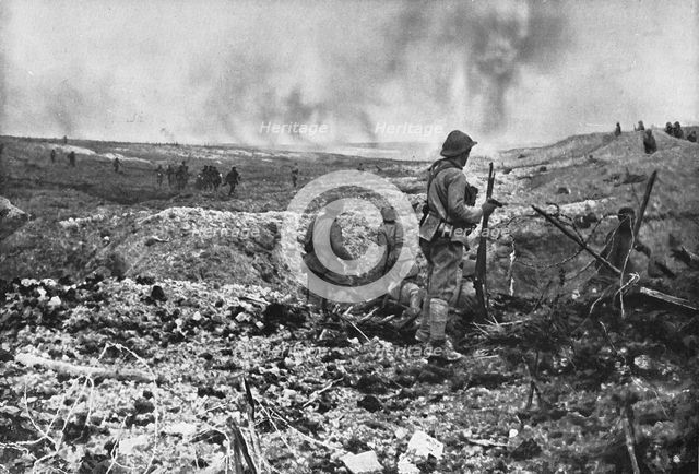 In Champagne: a surprise attack; While part of the group held back to clear the ground..., 1917. Creator: Unknown.