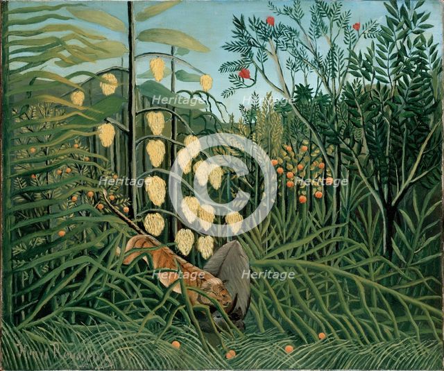 In a Tropical Forest. Struggle between Tiger and Bull, 1908. Creator: Henri Rousseau.
