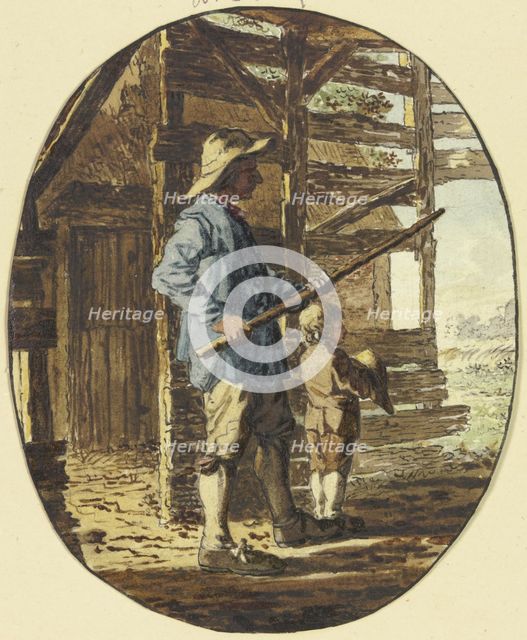 In a wooden enclosure, a man stands with a stick in a defensive posture, a boy in front of him... Creator: Steven Goble.