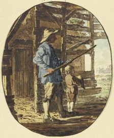 In a wooden enclosure, a man stands with a stick in a defensive posture, a boy in front of him... Creator: Steven Goble