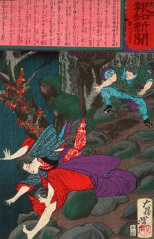 In a Fit of Jealousy Arai Tokichi Hurls a Rock at Ohana, c1875. Creator: Tsukioka Yoshitoshi