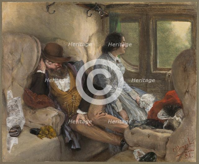 In a Railway Carriage (After a Night's Journey), 1851. Creator: Adolph Menzel.
