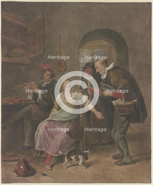 In a room a man is playing the flute, a woman is sitting next to him talking to a man carrying... Creator: Hermanus Numan.