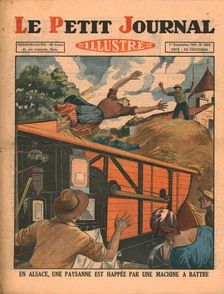 In Alsace, a peasant woman is caught in a threshing machine, 1929. Creator: Unknown