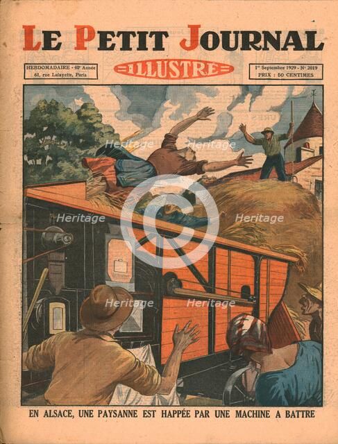In Alsace, a peasant woman is caught in a threshing machine, 1929. Creator: Unknown.