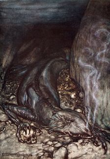 In dragon's form Fafner now watches the hoard 1924. Creator: Arthur Rackham