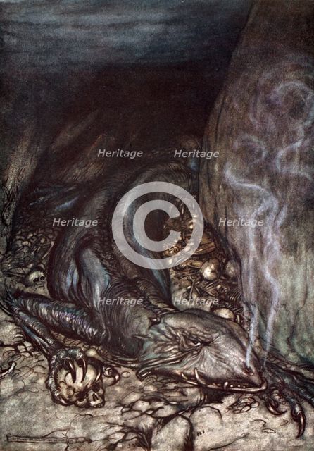 'In dragon's form Fafner now watches the hoard', 1924.  Creator: Arthur Rackham.