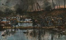 In Flanders; The Yser Offensive (1917); Cossing of the Yser canal by infantry...1917 Creator: Francois Flameng
