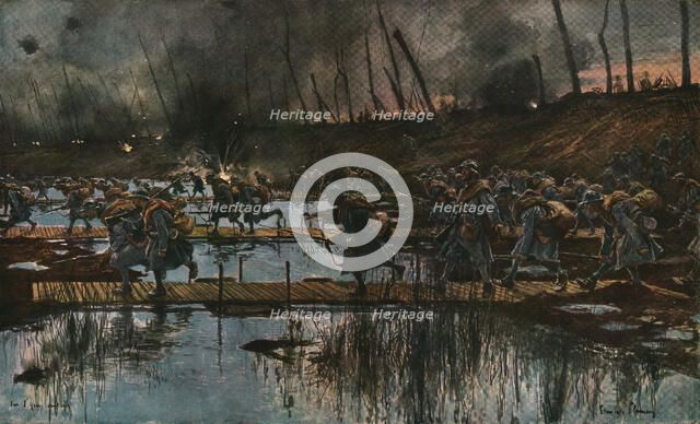 In Flanders; The Yser Offensive (1917); Cossing of the Yser canal by infantry...1917 Creator: Francois Flameng.