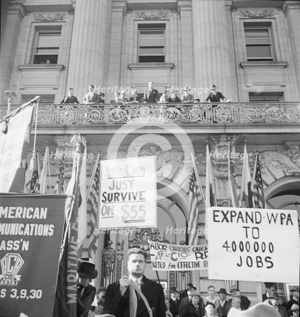 In front of city hall, San Francisco, California, 1939. Creator: Dorothea Lange.