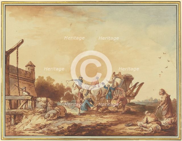 In front of a fortress gate, the luggage of a traveler who has stopped there..., 1760. Creator: Francesco Giuseppe Casanova.