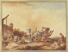 In front of a fortress gate, the luggage of a traveler who has stopped there..., 1760. Creator: Francesco Giuseppe Casanova