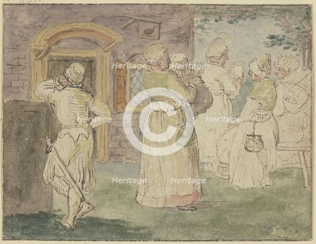 In front of an inn, a soldier is on the left, four drinking women..., c1610s. Creator: Hendrick Avercamp.