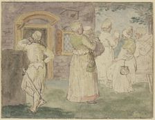 In front of an inn, a soldier is on the left, four drinking women..., c1610s. Creator: Hendrick Avercamp