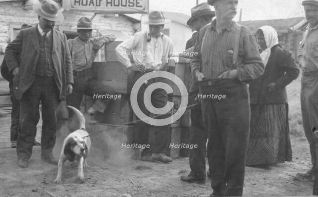 In front of Haly's Road House, Jim Haly holds a dog, between c1900 and 1916. Creator: Unknown.