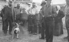 In front of Haly's Road House, Jim Haly holds a dog, between c1900 and 1916. Creator: Unknown